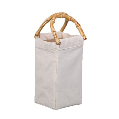 Manufacturer Custom Reusable Natural Cotton Canvas Tote Wine Bag With Bamboo Rattan Handle